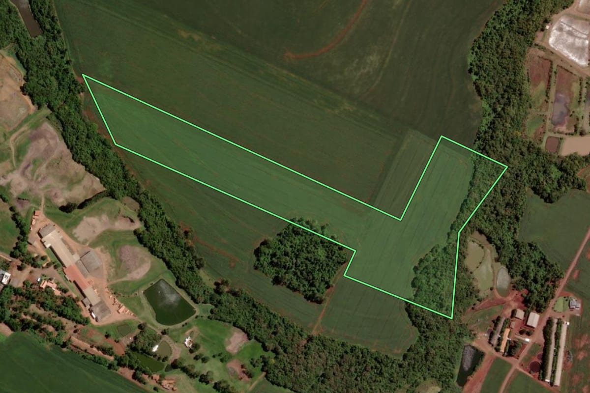 Imagem de satélite do imóvel rural em Pato Bragado (PR), com o contorno declarado no CAR desenhado por cima.