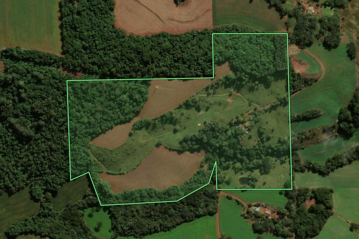 Imagem de satélite do imóvel rural em Pato Branco (PR), com o contorno declarado no CAR desenhado por cima.