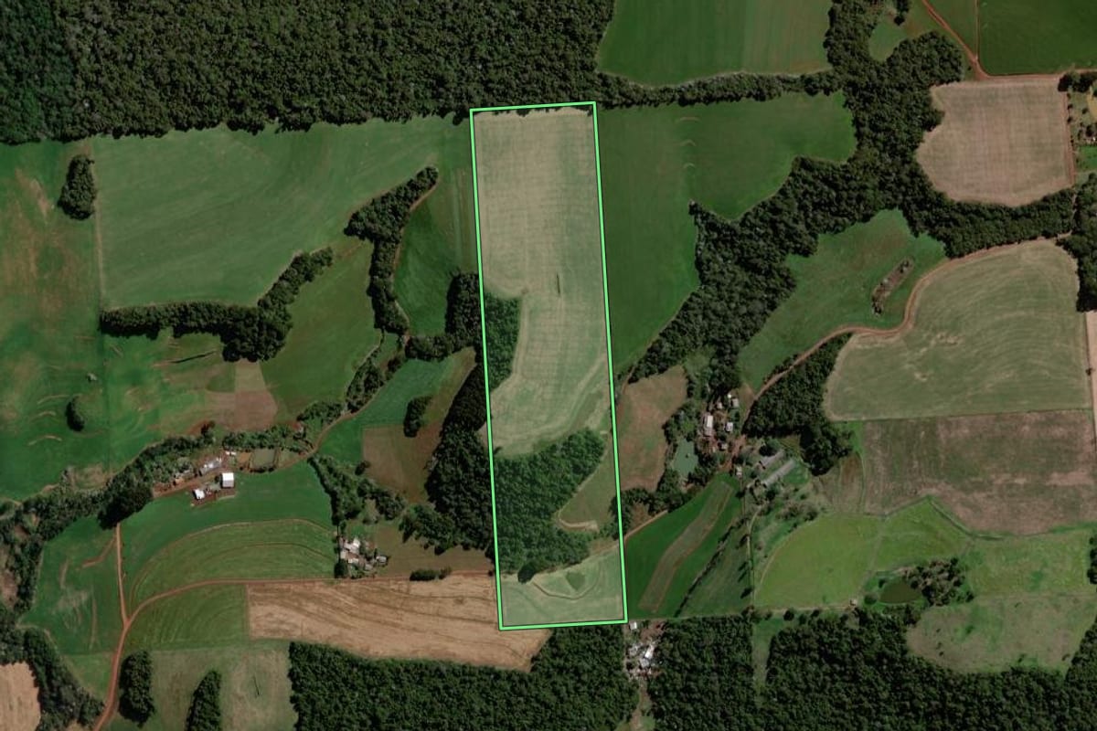 Imagem de satélite do imóvel rural em Pato Branco (PR), com o contorno declarado no CAR desenhado por cima.