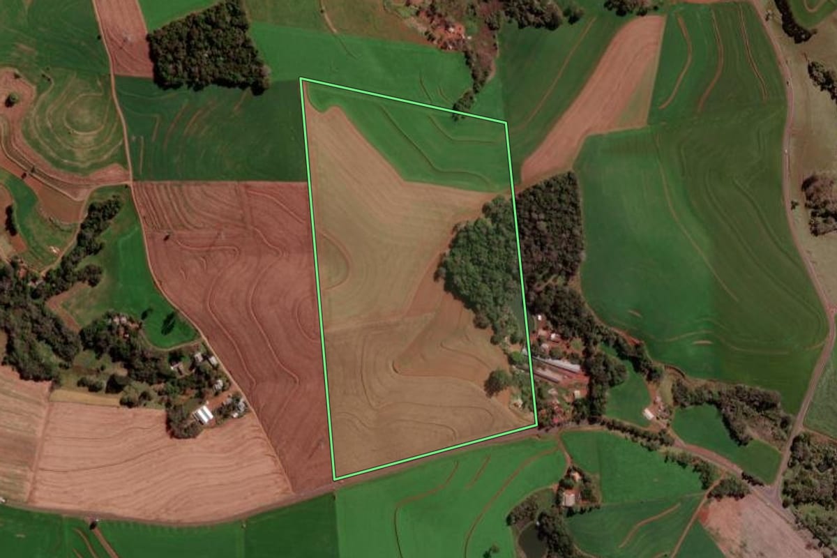 Imagem de satélite do imóvel rural em Pato Branco (PR), com o contorno declarado no CAR desenhado por cima.