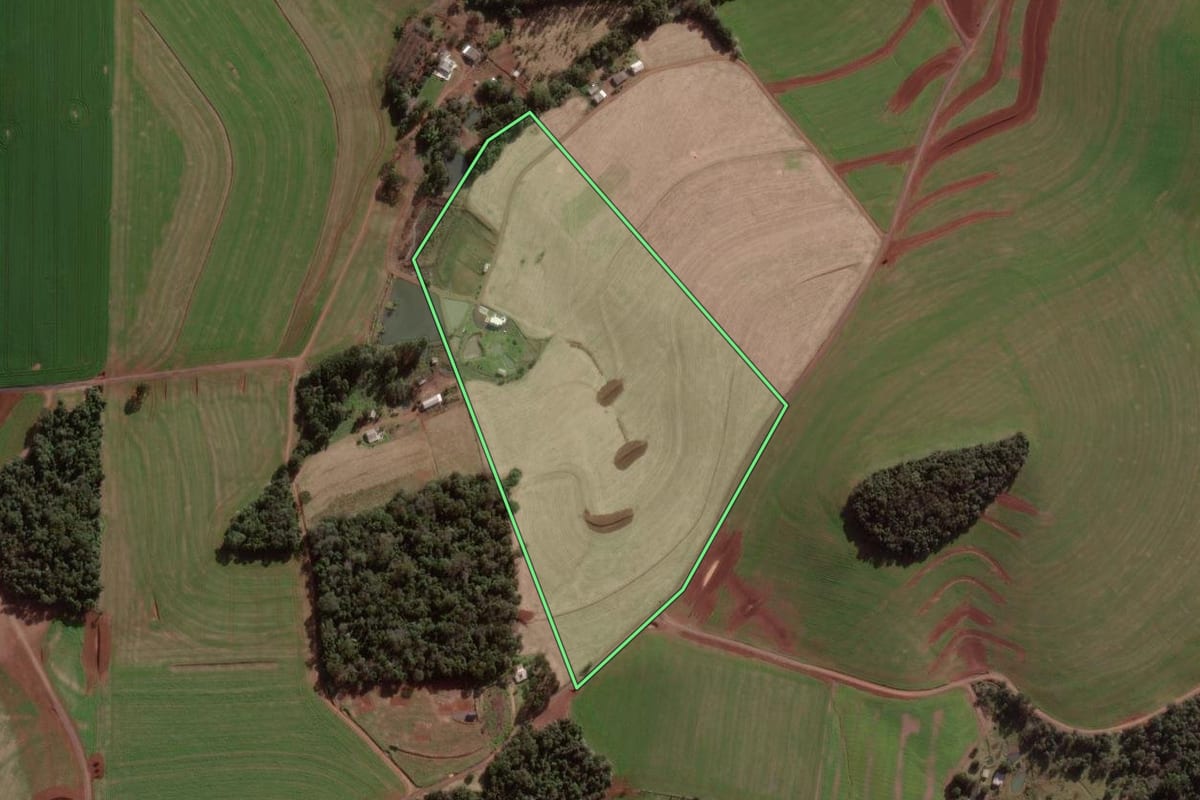 Imagem de satélite do imóvel rural em Pato Branco (PR), com o contorno declarado no CAR desenhado por cima.