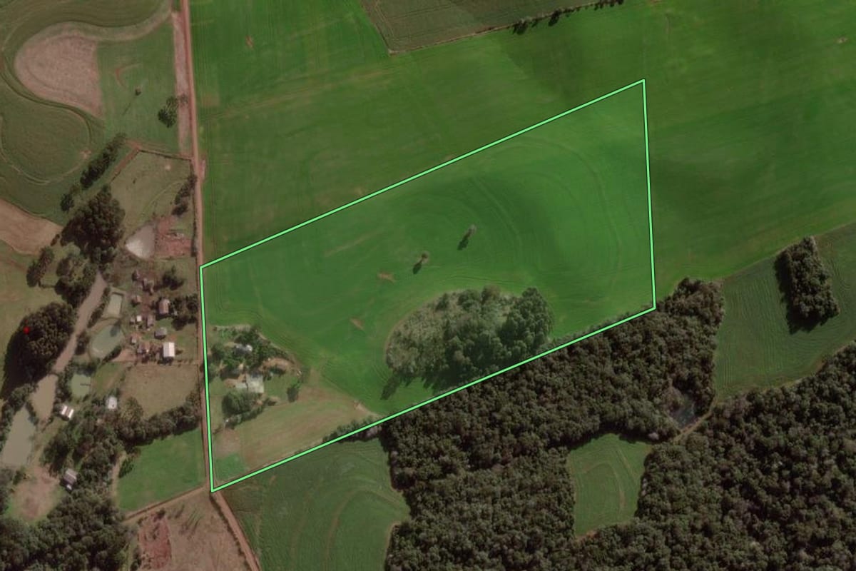 Imagem de satélite do imóvel rural em Pato Branco (PR), com o contorno declarado no CAR desenhado por cima.