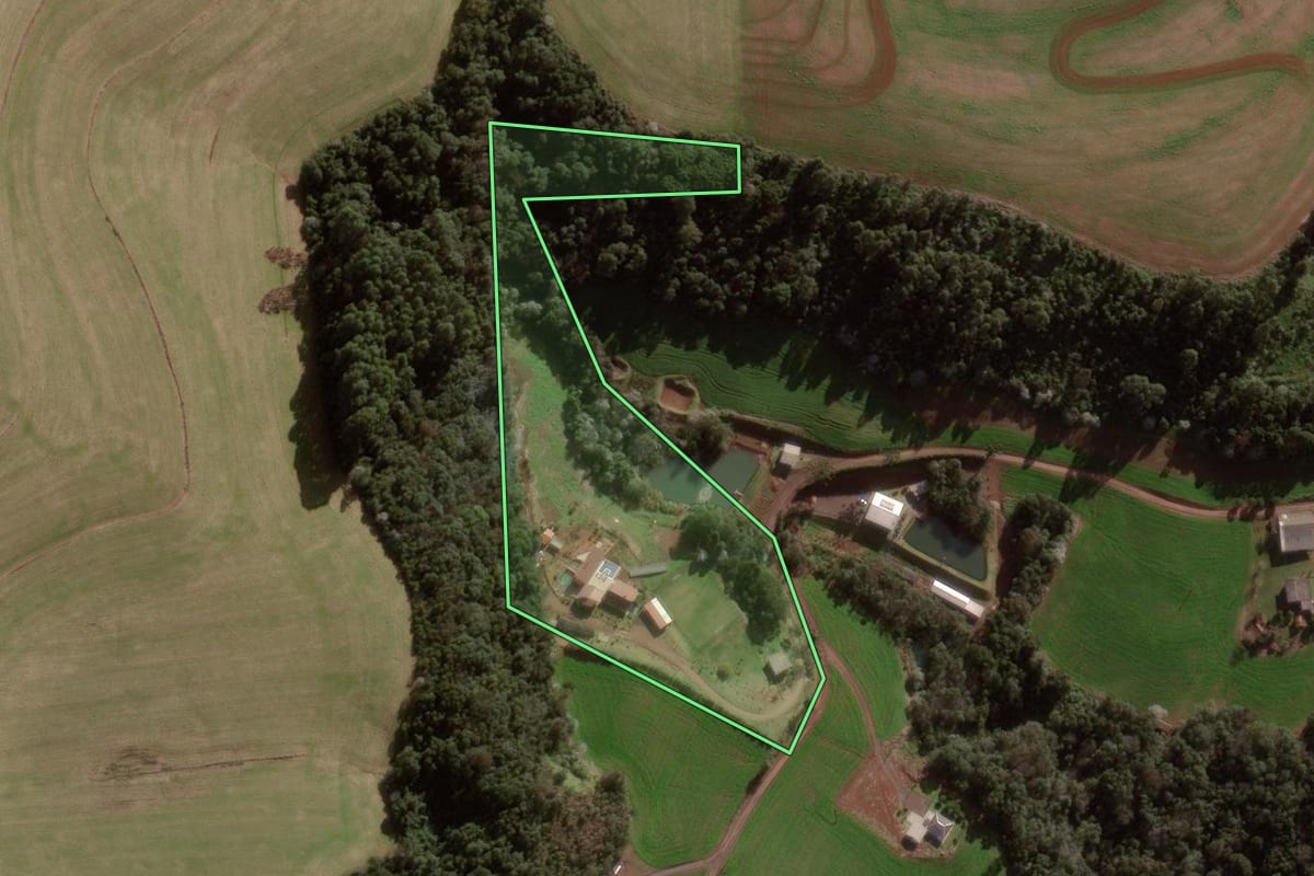 Imagem de satélite do imóvel rural em Pato Branco (PR), com o contorno declarado no CAR desenhado por cima.