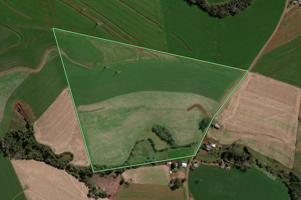 Imagem de satélite do imóvel rural em Pato Branco (PR), com o contorno declarado no CAR desenhado por cima.