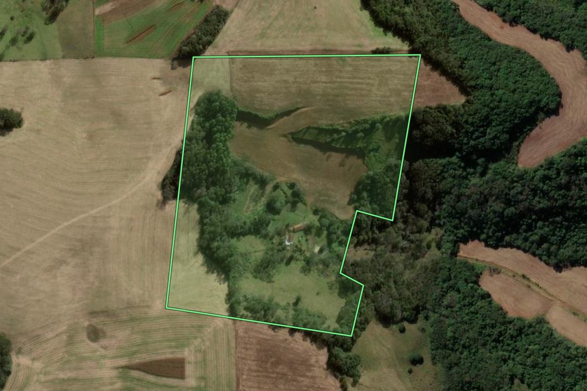 Imagem de satélite do imóvel rural em Pato Branco (PR), com o contorno declarado no CAR desenhado por cima.
