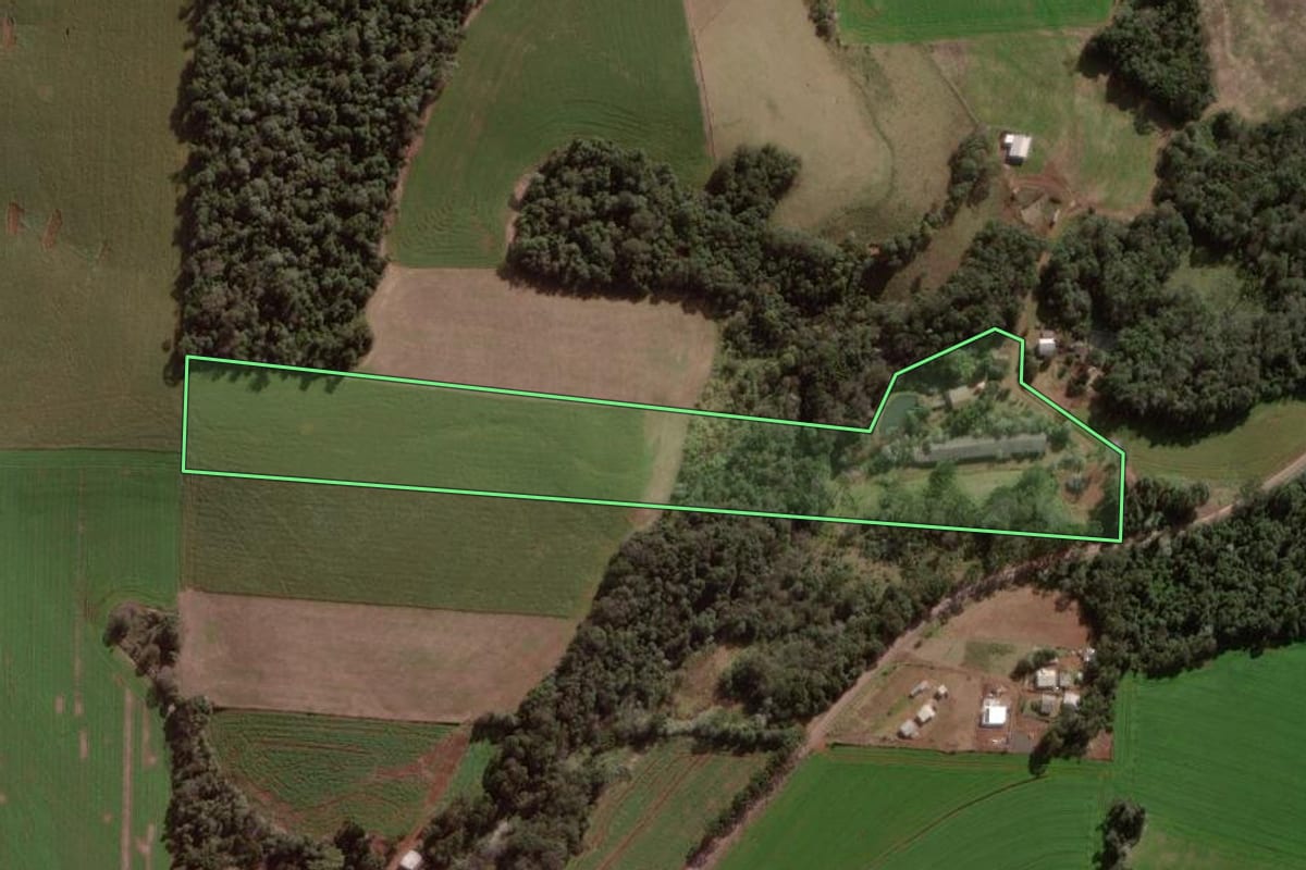 Imagem de satélite do imóvel rural em Pato Branco (PR), com o contorno declarado no CAR desenhado por cima.