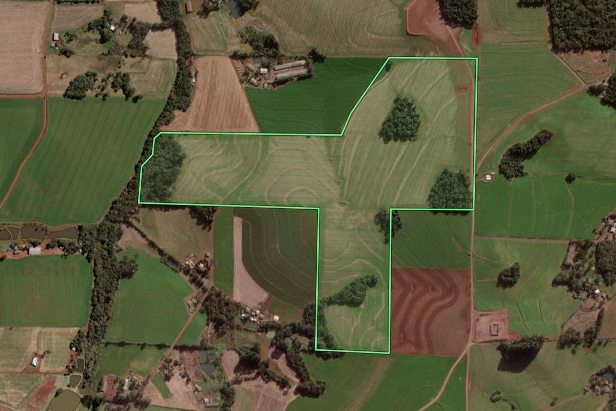 Imagem de satélite do imóvel rural em Pato Branco (PR), com o contorno declarado no CAR desenhado por cima.