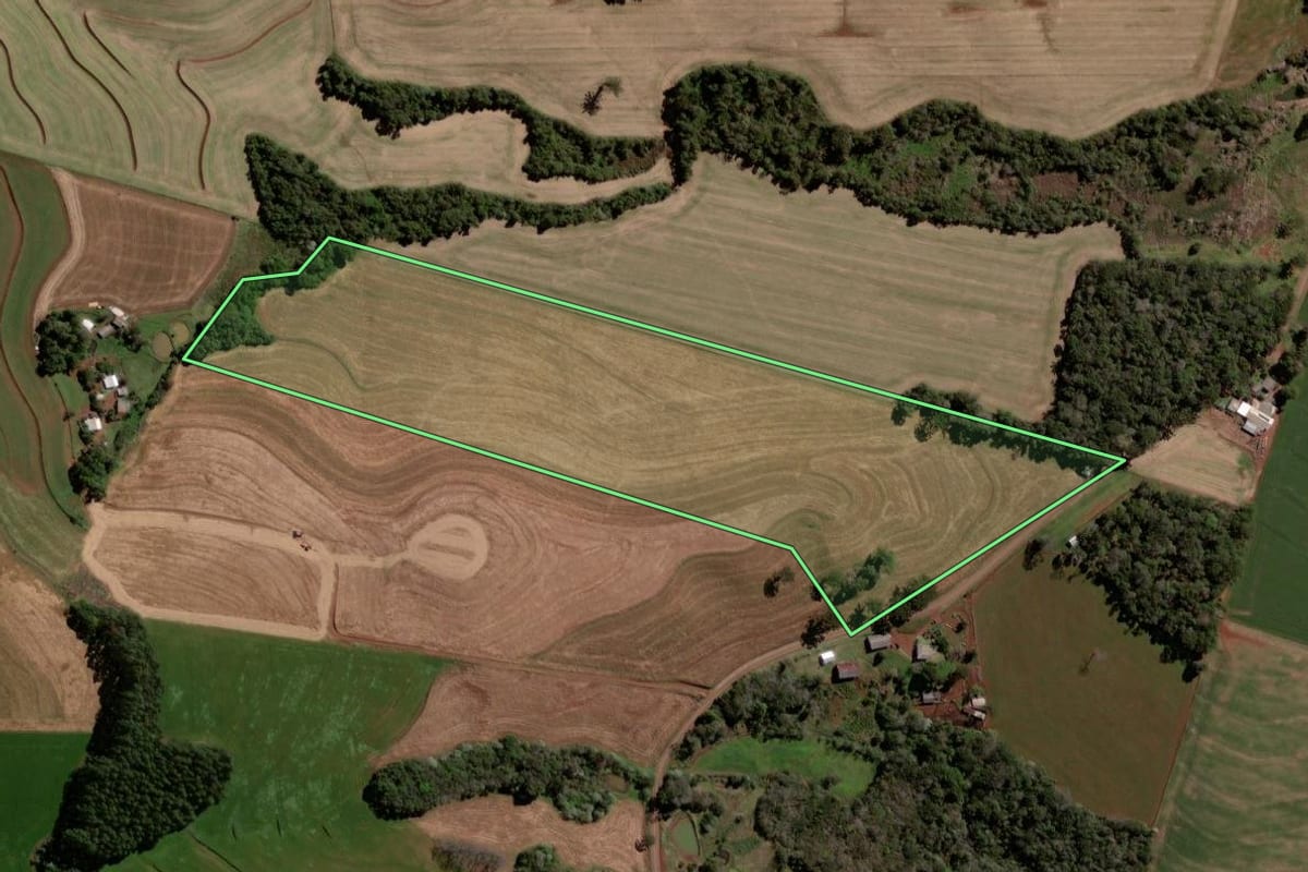 Imagem de satélite do imóvel rural em Pato Branco (PR), com o contorno declarado no CAR desenhado por cima.