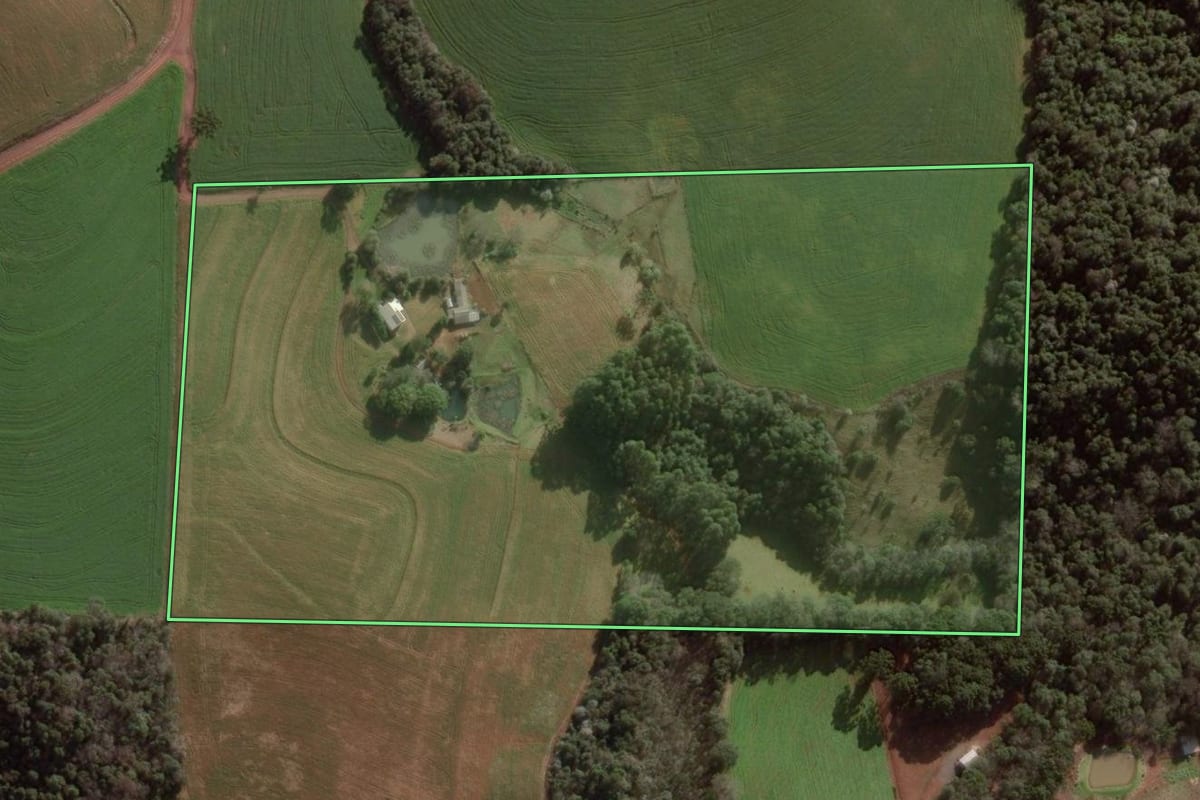 Imagem de satélite do imóvel rural em Pato Branco (PR), com o contorno declarado no CAR desenhado por cima.
