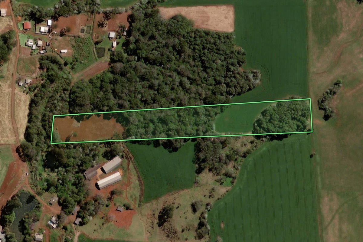 Imagem de satélite do imóvel rural em Pato Branco (PR), com o contorno declarado no CAR desenhado por cima.