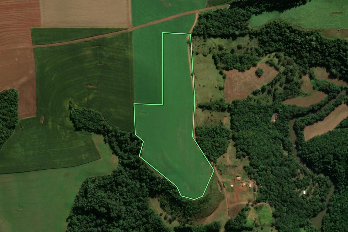 Imagem de satélite do imóvel rural em Pato Branco (PR), com o contorno declarado no CAR desenhado por cima.