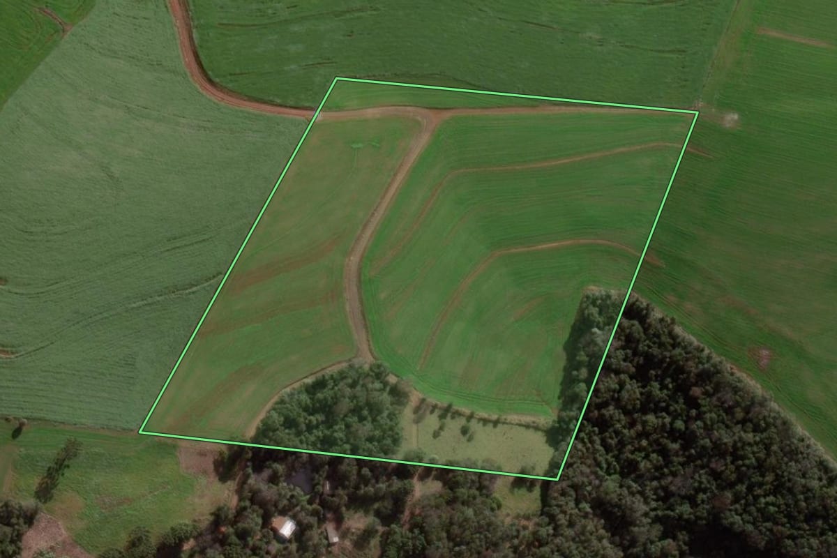 Imagem de satélite do imóvel rural em Pato Branco (PR), com o contorno declarado no CAR desenhado por cima.