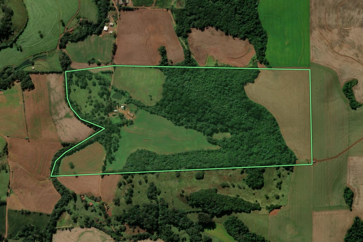 Imagem de satélite do imóvel rural em Pato Branco (PR), com o contorno declarado no CAR desenhado por cima.