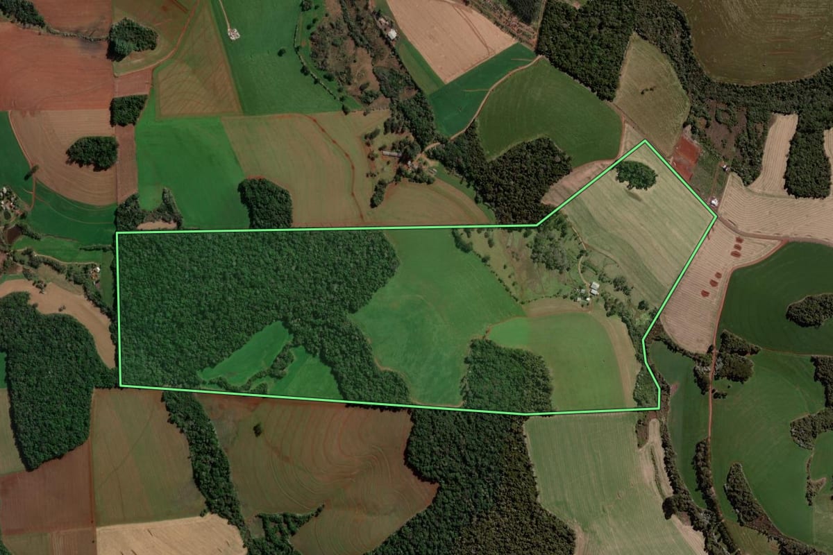 Imagem de satélite do imóvel rural em Pato Branco (PR), com o contorno declarado no CAR desenhado por cima.