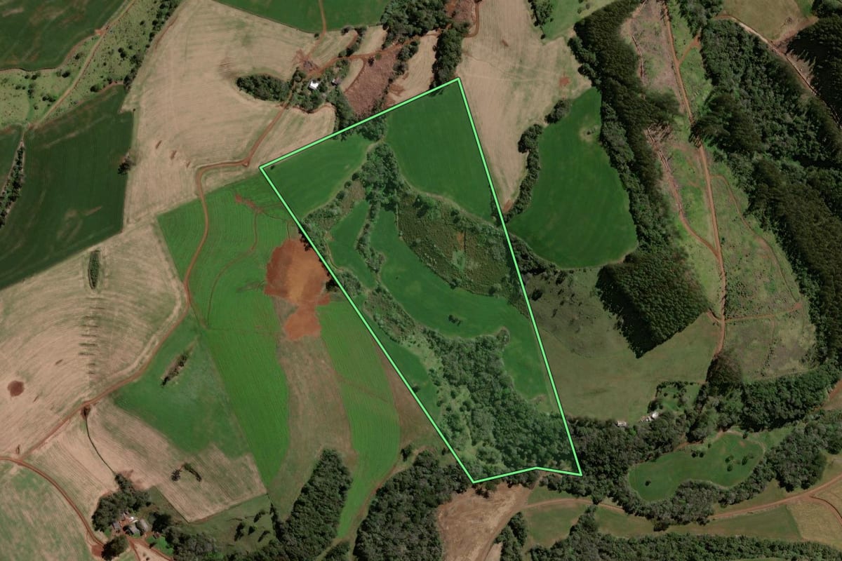 Imagem de satélite do imóvel rural em Pato Branco (PR), com o contorno declarado no CAR desenhado por cima.
