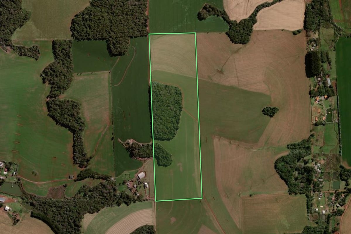 Imagem de satélite do imóvel rural em Pato Branco (PR), com o contorno declarado no CAR desenhado por cima.