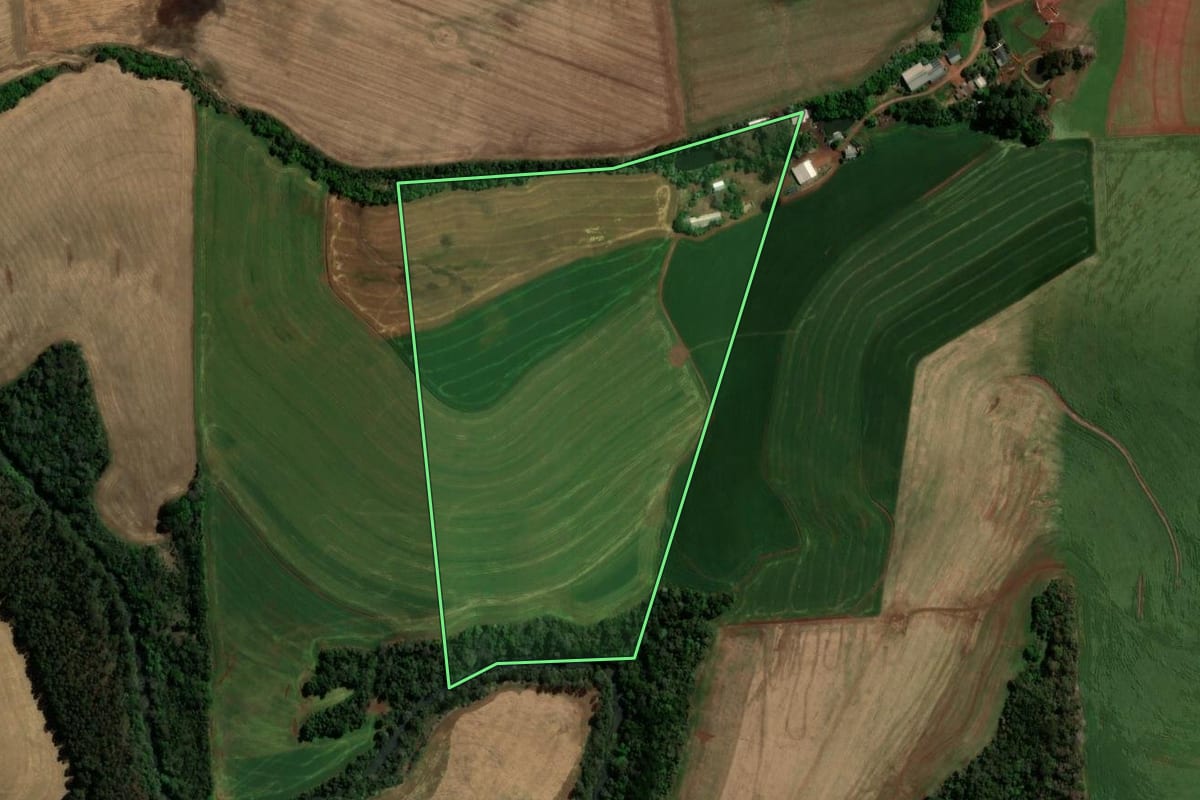 Imagem de satélite do imóvel rural em Pato Branco (PR), com o contorno declarado no CAR desenhado por cima.