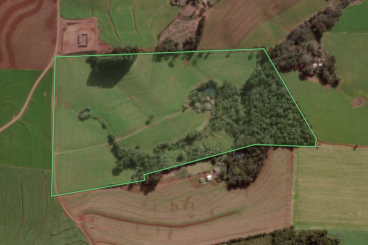 Imagem de satélite do imóvel rural em Pato Branco (PR), com o contorno declarado no CAR desenhado por cima.