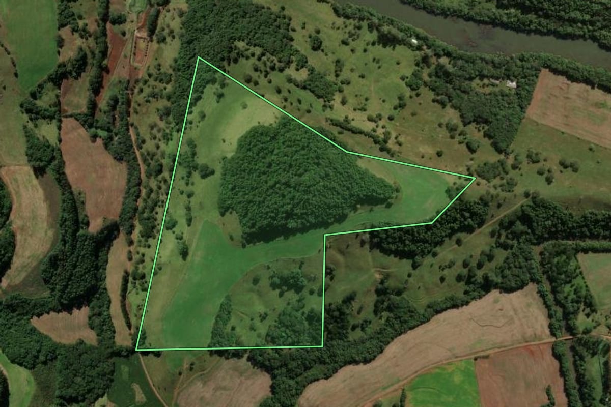 Imagem de satélite do imóvel rural em Pato Branco (PR), com o contorno declarado no CAR desenhado por cima.