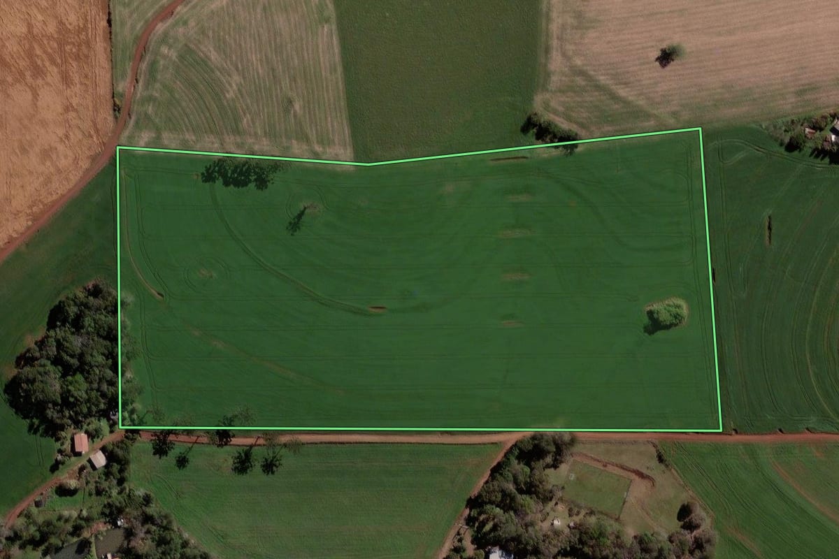 Imagem de satélite do imóvel rural em Pato Branco (PR), com o contorno declarado no CAR desenhado por cima.