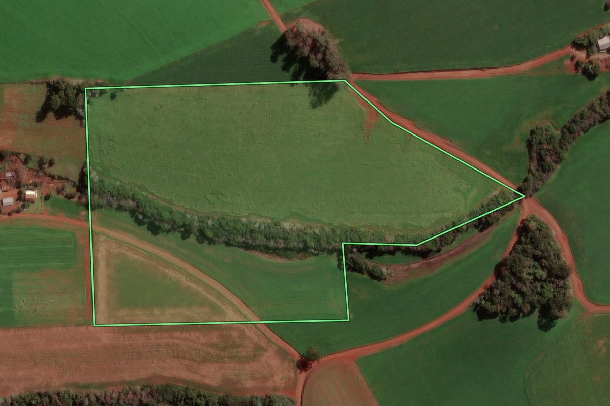 Imagem de satélite do imóvel rural em Pato Branco (PR), com o contorno declarado no CAR desenhado por cima.