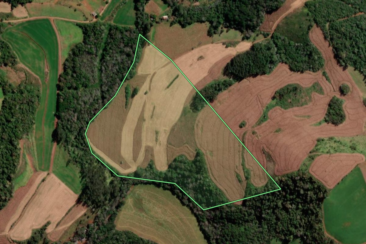 Imagem de satélite do imóvel rural em Pato Branco (PR), com o contorno declarado no CAR desenhado por cima.
