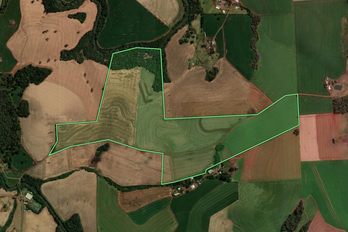 Imagem de satélite do imóvel rural em Pato Branco (PR), com o contorno declarado no CAR desenhado por cima.