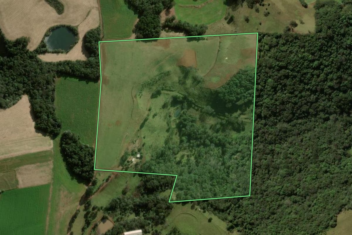 Imagem de satélite do imóvel rural em Pato Branco (PR), com o contorno declarado no CAR desenhado por cima.