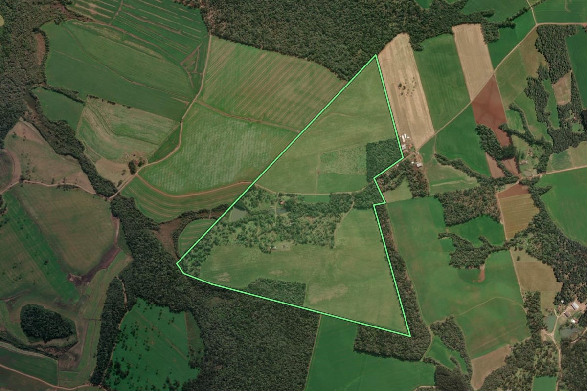 Imagem de satélite do imóvel rural em Paula Freitas (PR), com o contorno declarado no CAR desenhado por cima.