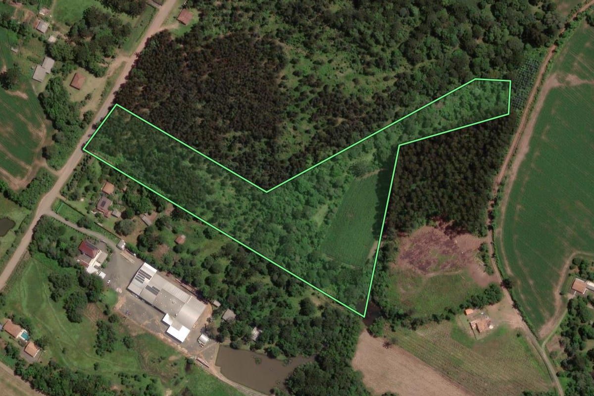 Imagem de satélite do imóvel rural em Paula Freitas (PR), com o contorno declarado no CAR desenhado por cima.