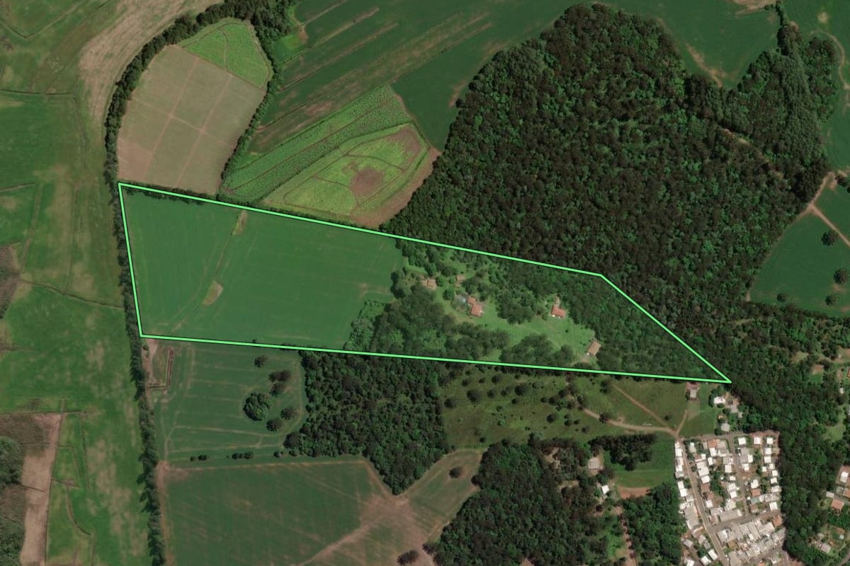 Imagem de satélite do imóvel rural em Paula Freitas (PR), com o contorno declarado no CAR desenhado por cima.