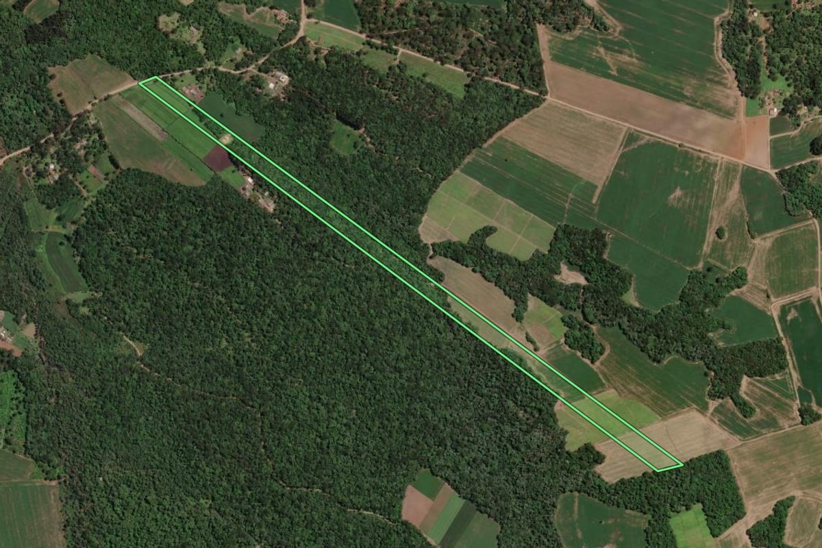 Imagem de satélite do imóvel rural em Paula Freitas (PR), com o contorno declarado no CAR desenhado por cima.