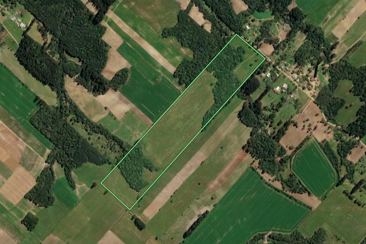 Imagem de satélite do imóvel rural em Paulo Frontin (PR), com o contorno declarado no CAR desenhado por cima.