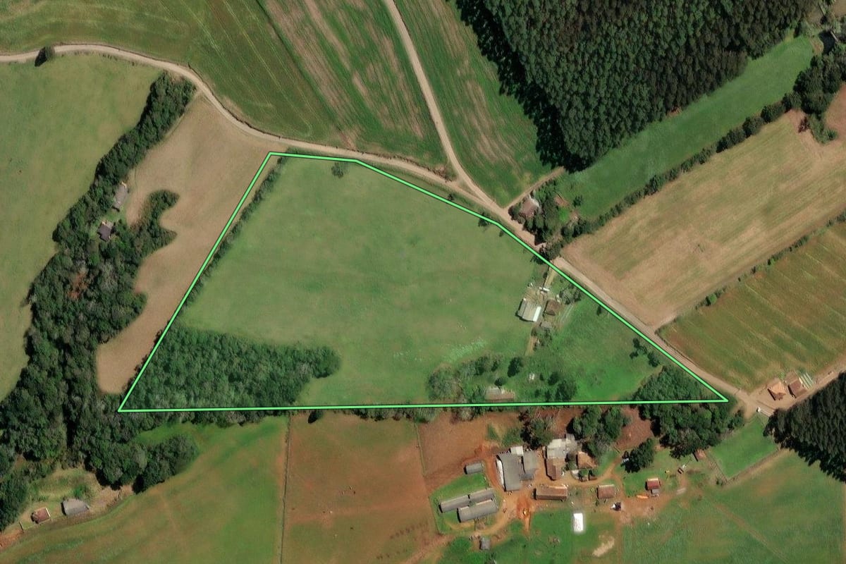 Imagem de satélite do imóvel rural em Paulo Frontin (PR), com o contorno declarado no CAR desenhado por cima.