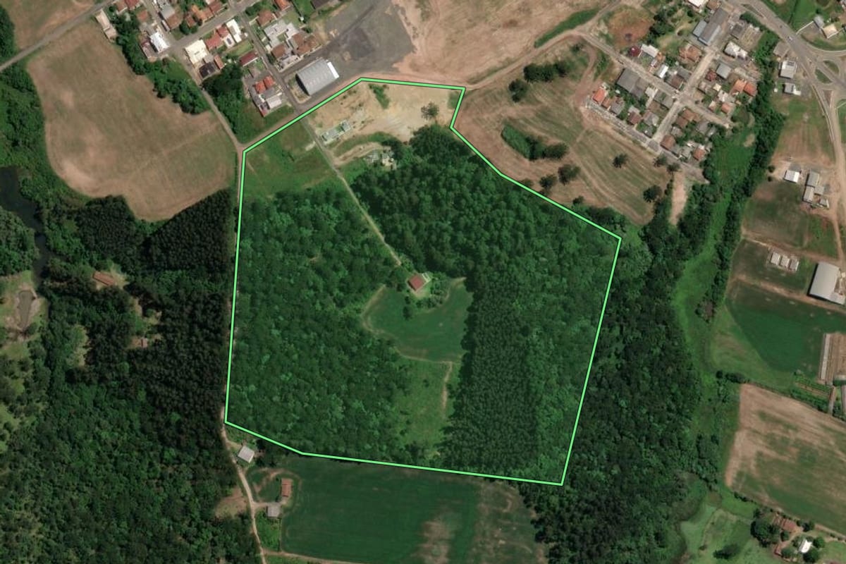 Imagem de satélite do imóvel rural em Paulo Frontin (PR), com o contorno declarado no CAR desenhado por cima.