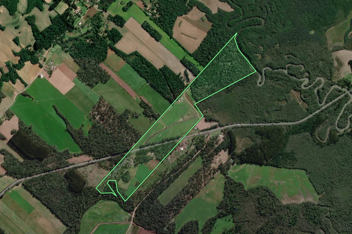 Imagem de satélite do imóvel rural em Paulo Frontin (PR), com o contorno declarado no CAR desenhado por cima.