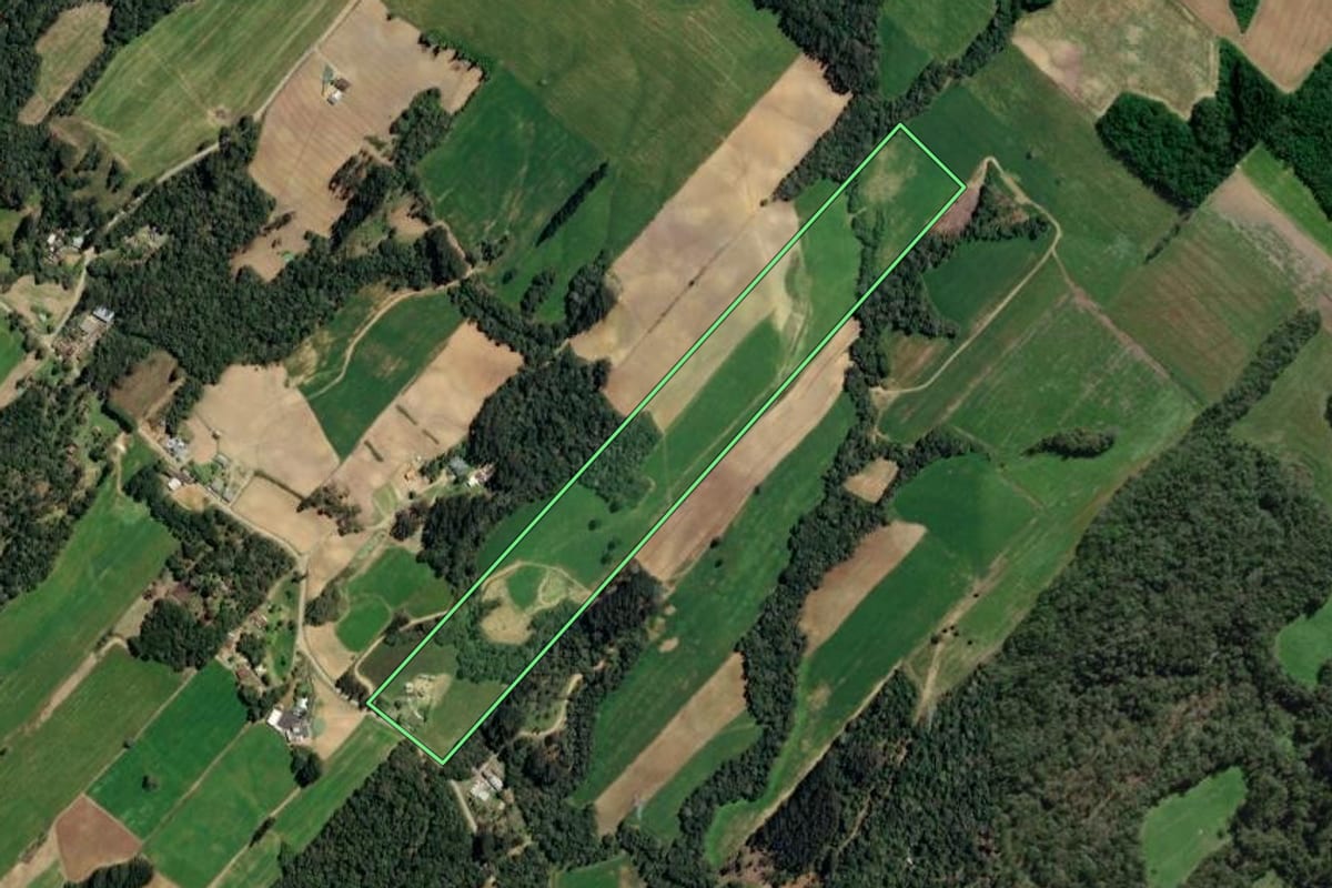Imagem de satélite do imóvel rural em Paulo Frontin (PR), com o contorno declarado no CAR desenhado por cima.