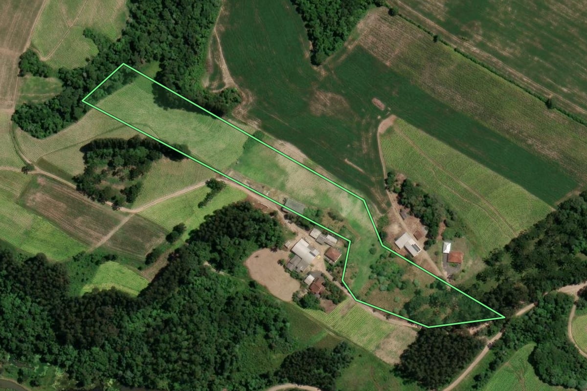 Imagem de satélite do imóvel rural em Paulo Frontin (PR), com o contorno declarado no CAR desenhado por cima.
