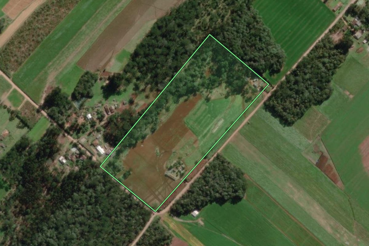 Imagem de satélite do imóvel rural em Paulo Frontin (PR), com o contorno declarado no CAR desenhado por cima.