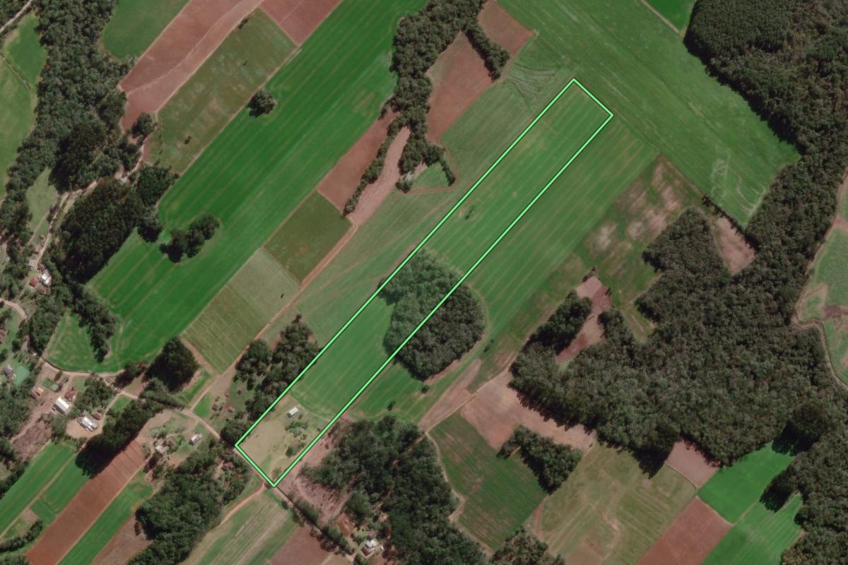 Imagem de satélite do imóvel rural em Paulo Frontin (PR), com o contorno declarado no CAR desenhado por cima.