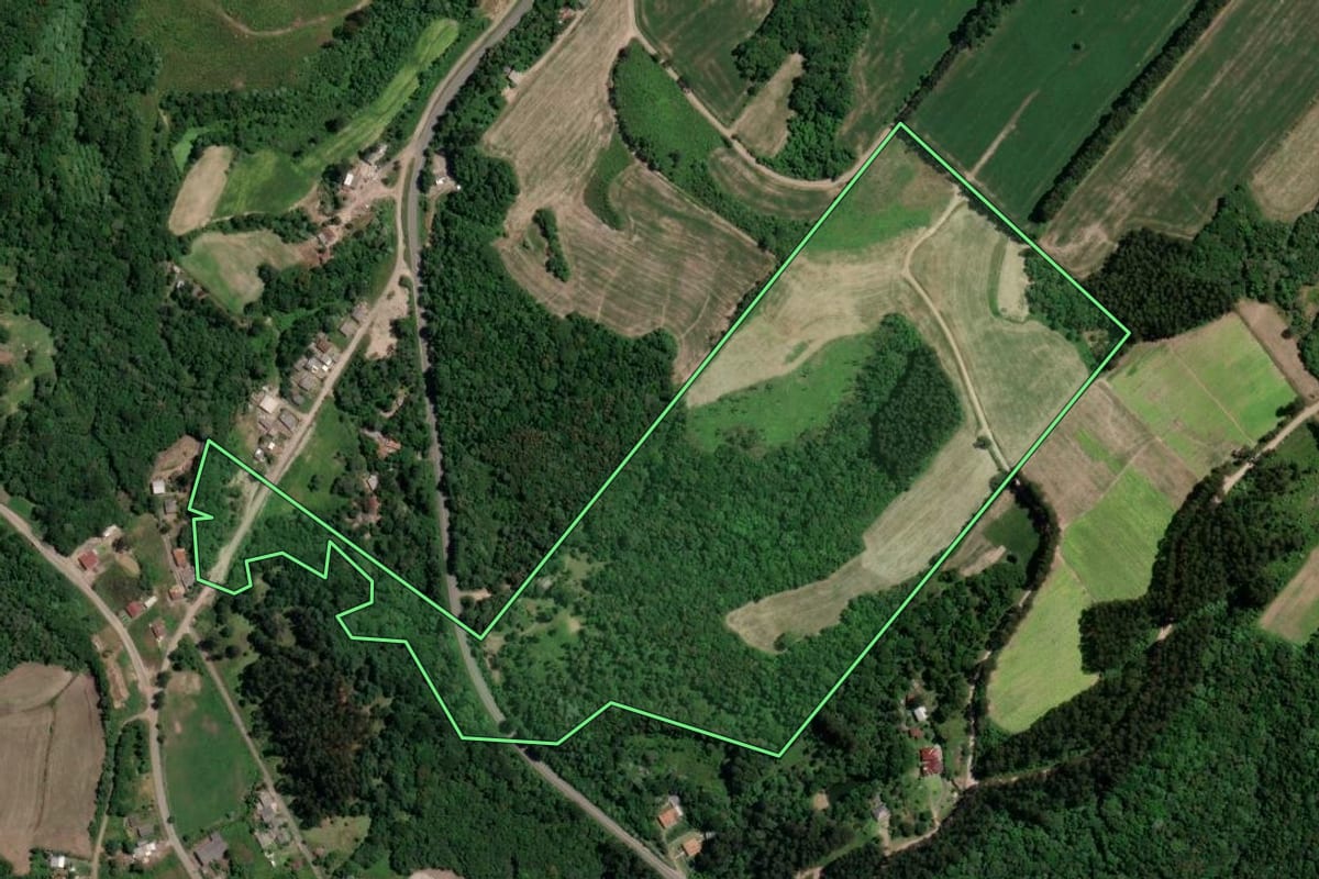 Imagem de satélite do imóvel rural em Paulo Frontin (PR), com o contorno declarado no CAR desenhado por cima.
