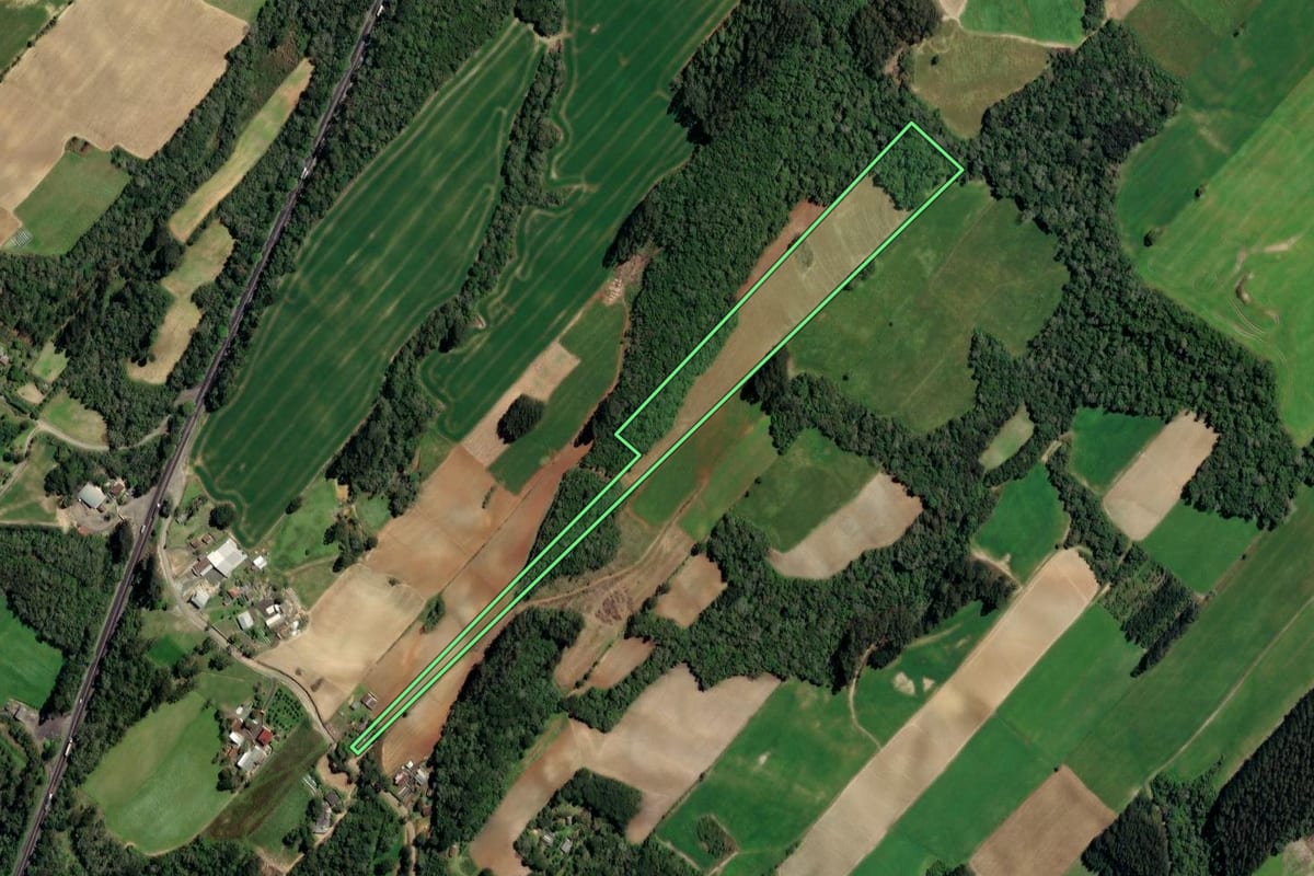 Imagem de satélite do imóvel rural em Paulo Frontin (PR), com o contorno declarado no CAR desenhado por cima.