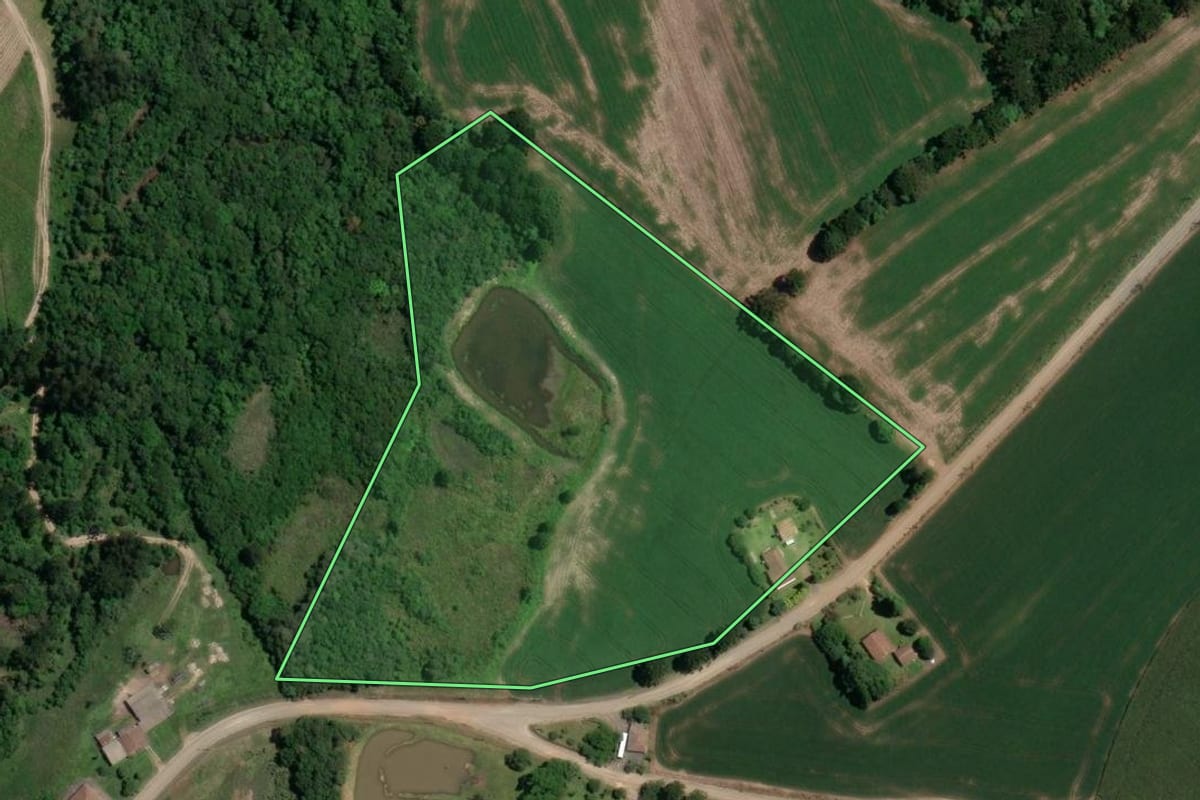 Imagem de satélite do imóvel rural em Paulo Frontin (PR), com o contorno declarado no CAR desenhado por cima.