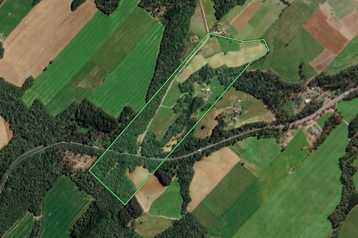 Imagem de satélite do imóvel rural em Paulo Frontin (PR), com o contorno declarado no CAR desenhado por cima.