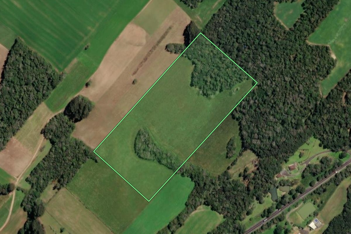 Imagem de satélite do imóvel rural em Paulo Frontin (PR), com o contorno declarado no CAR desenhado por cima.