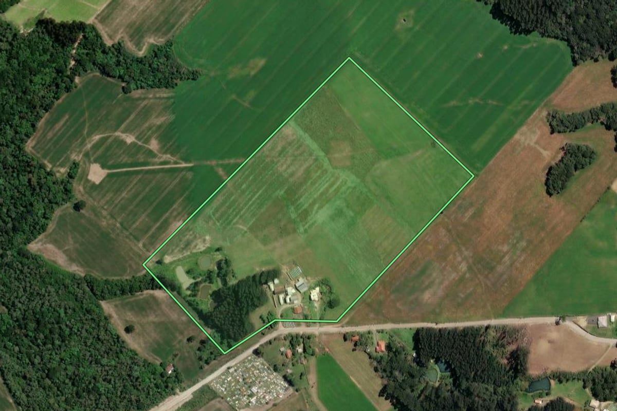 Imagem de satélite do imóvel rural em Paulo Frontin (PR), com o contorno declarado no CAR desenhado por cima.