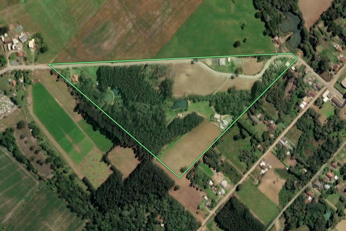 Imagem de satélite do imóvel rural em Paulo Frontin (PR), com o contorno declarado no CAR desenhado por cima.