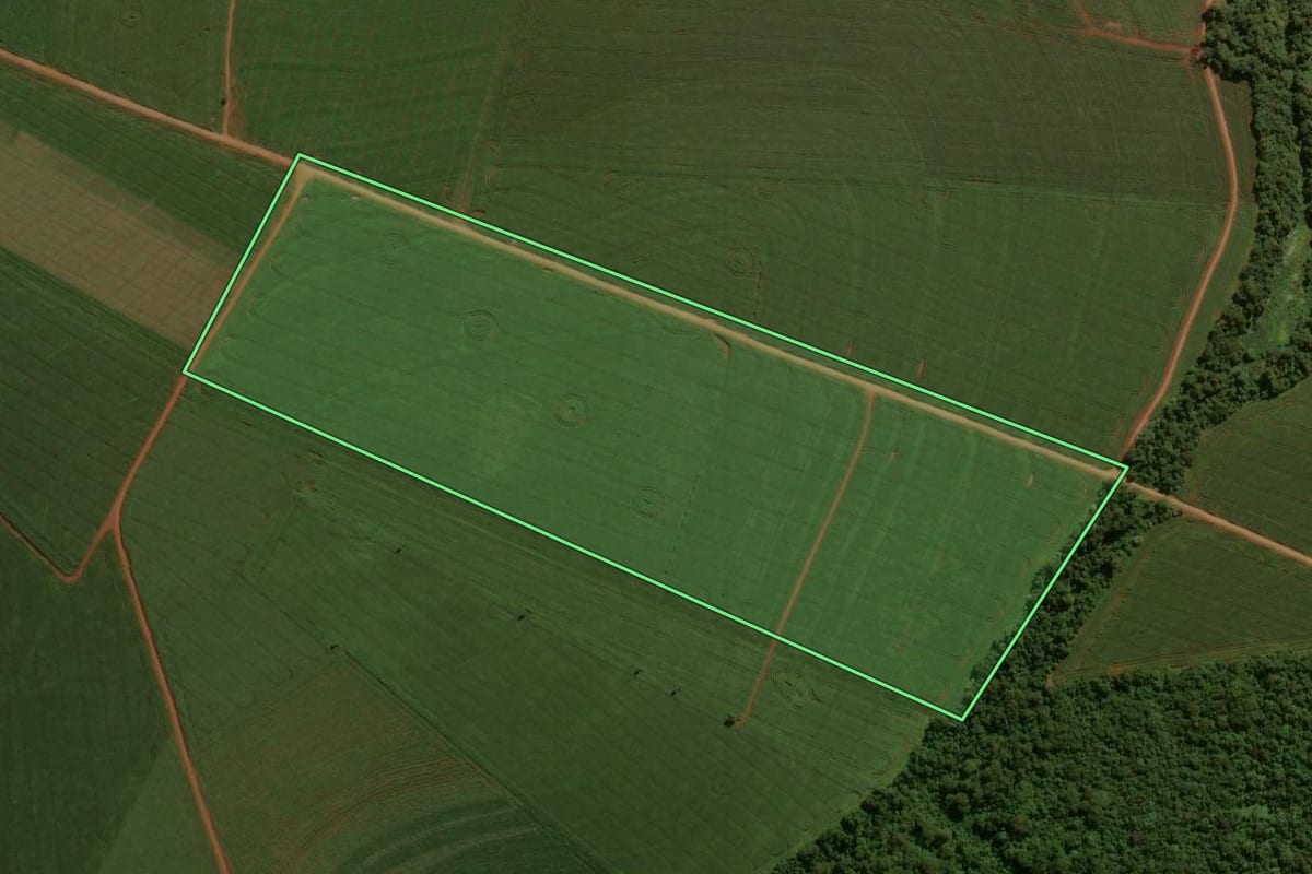 Imagem de satélite do imóvel rural em Peabiru (PR), com o contorno declarado no CAR desenhado por cima.