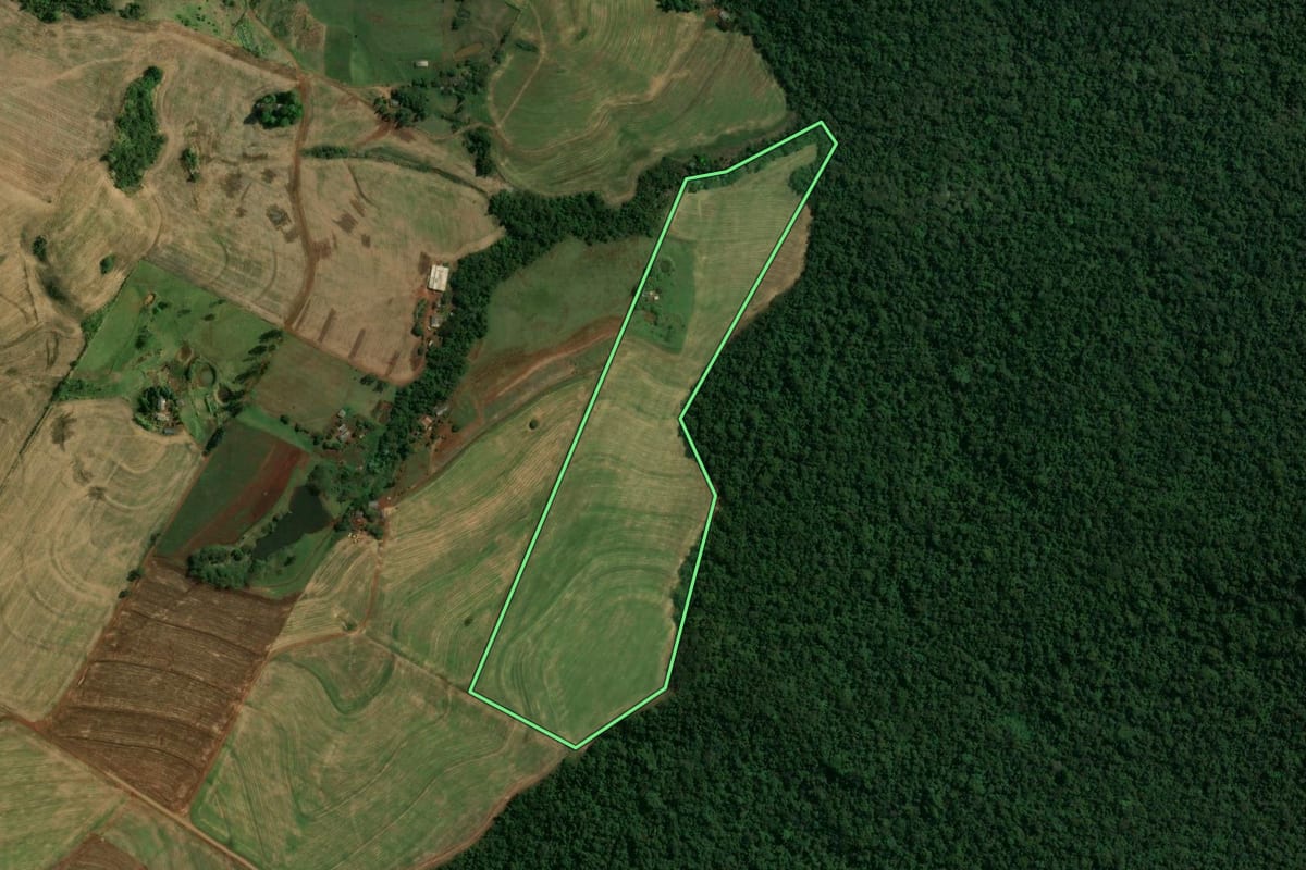 Imagem de satélite do imóvel rural em Peabiru (PR), com o contorno declarado no CAR desenhado por cima.