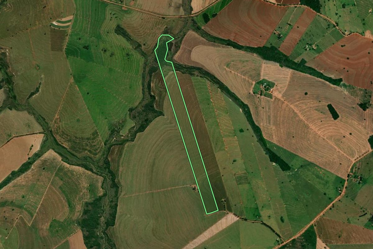 Imagem de satélite do imóvel rural em Pérola (PR), com o contorno declarado no CAR desenhado por cima.